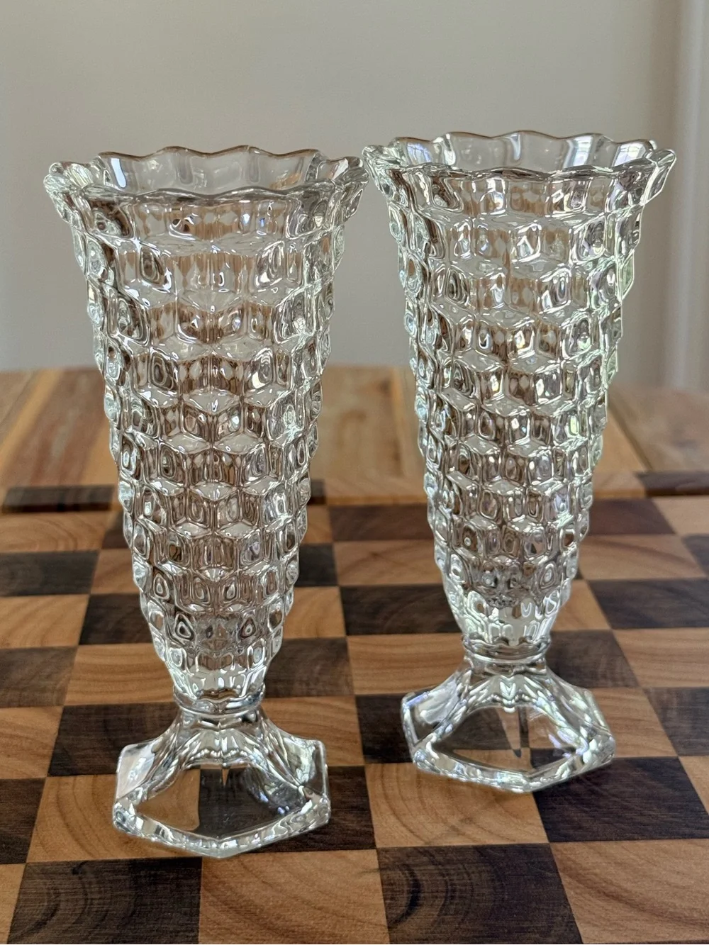 Vintage Fostoria American Cubist Glass Bud Vase Pair